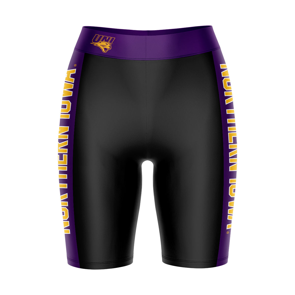 Northern Iowa Panthers Vive La Fete Game Day Logo on Waistband and Purple Stripes Black Women Bike Short 9 Inseam"