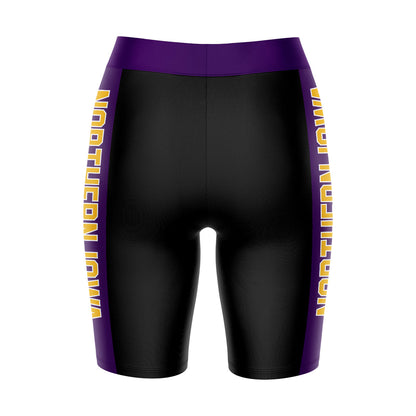 Northern Iowa Panthers Vive La Fete Game Day Logo on Waistband and Purple Stripes Black Women Bike Short 9 Inseam"