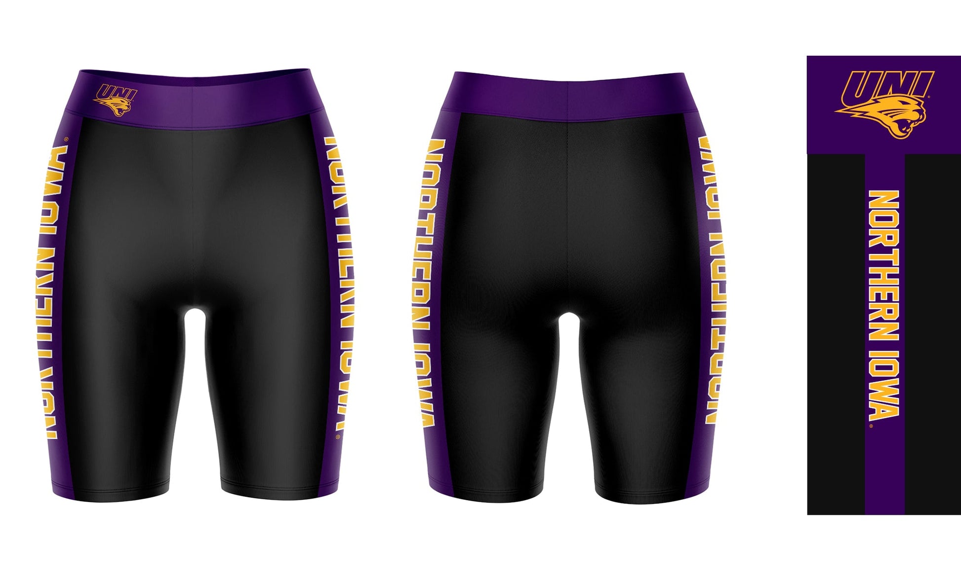 Northern Iowa Panthers Vive La Fete Game Day Logo on Waistband and Purple Stripes Black Women Bike Short 9 Inseam"