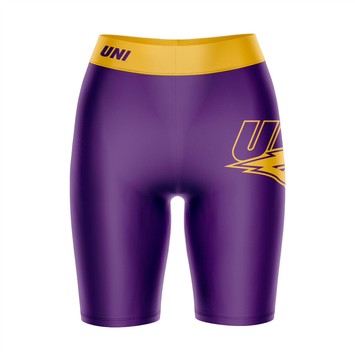 Northern Iowa Panthers Vive La Fete Game Day Logo on Thigh and Waistband Purple and Gold Women Bike Short 9 Inseam