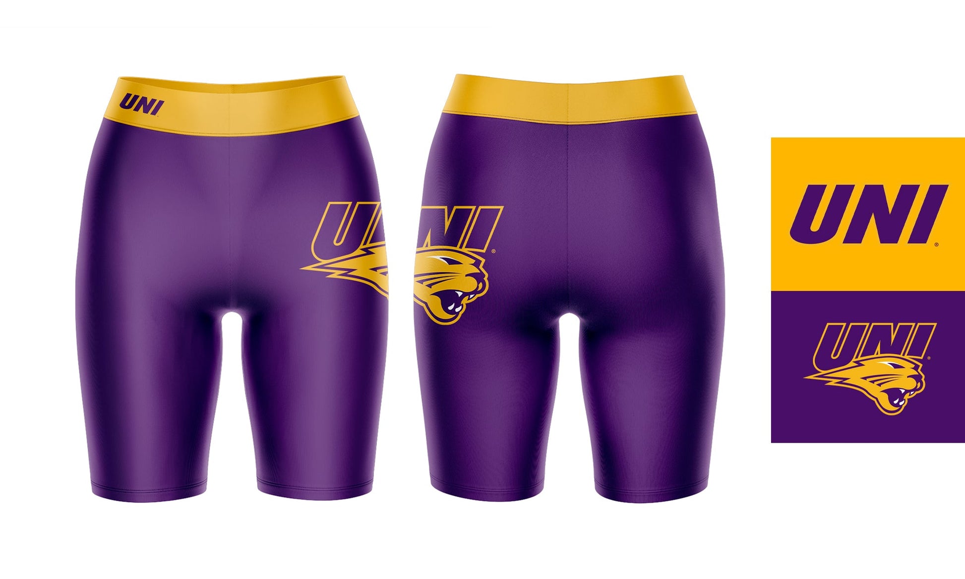 Northern Iowa Panthers Vive La Fete Game Day Logo on Thigh and Waistband Purple and Gold Women Bike Short 9 Inseam