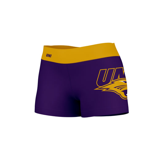 Northern Iowa Panthers Vive La Fete Logo on Thigh & Waistband Purple Gold Women Yoga Booty Workout Shorts 3.75 Inseam