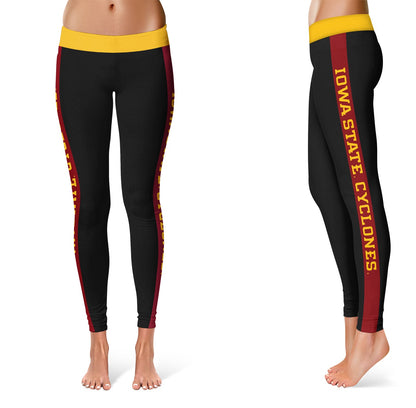 Iowa State Cyclones ISU Vive La Fete Game Day Collegiate Maroon Stripes Women Black Yoga Leggings 2 Waist Tights"