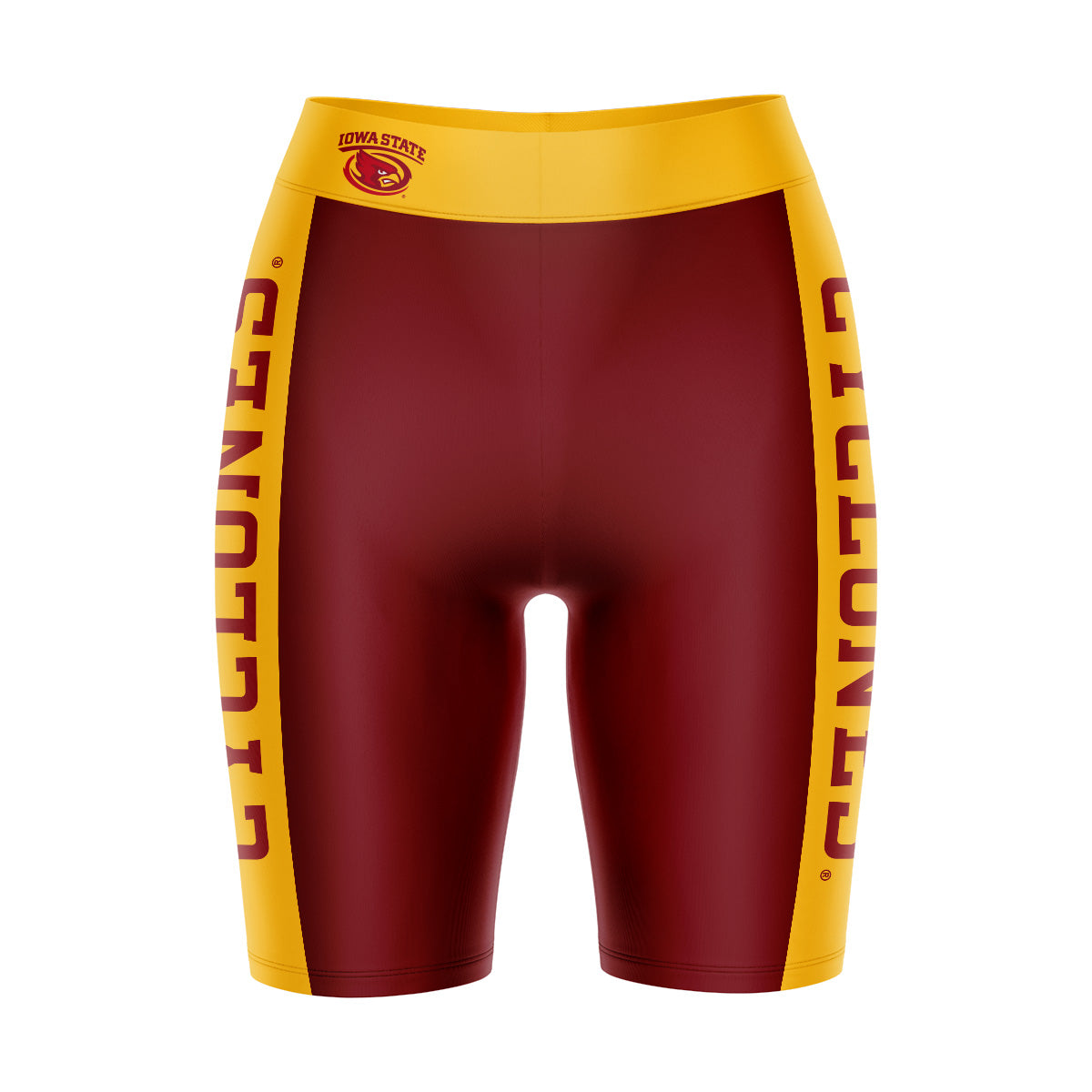 Iowa State Cyclones ISU Vive La Fete Game Day Logo on Waistband and Gold Stripes Maroon Women Bike Short 9 Inseam