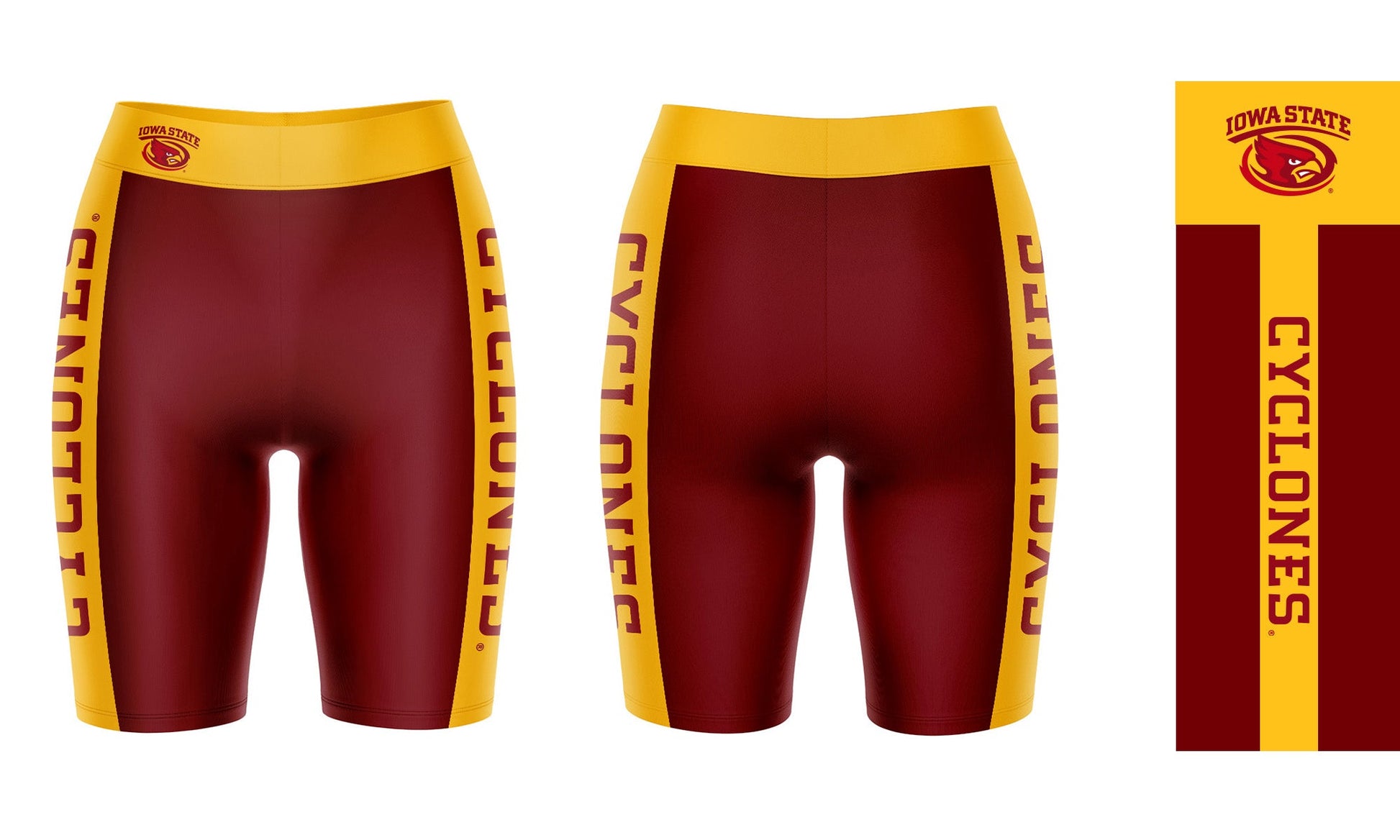 Iowa State Cyclones ISU Vive La Fete Game Day Logo on Waistband and Gold Stripes Maroon Women Bike Short 9 Inseam