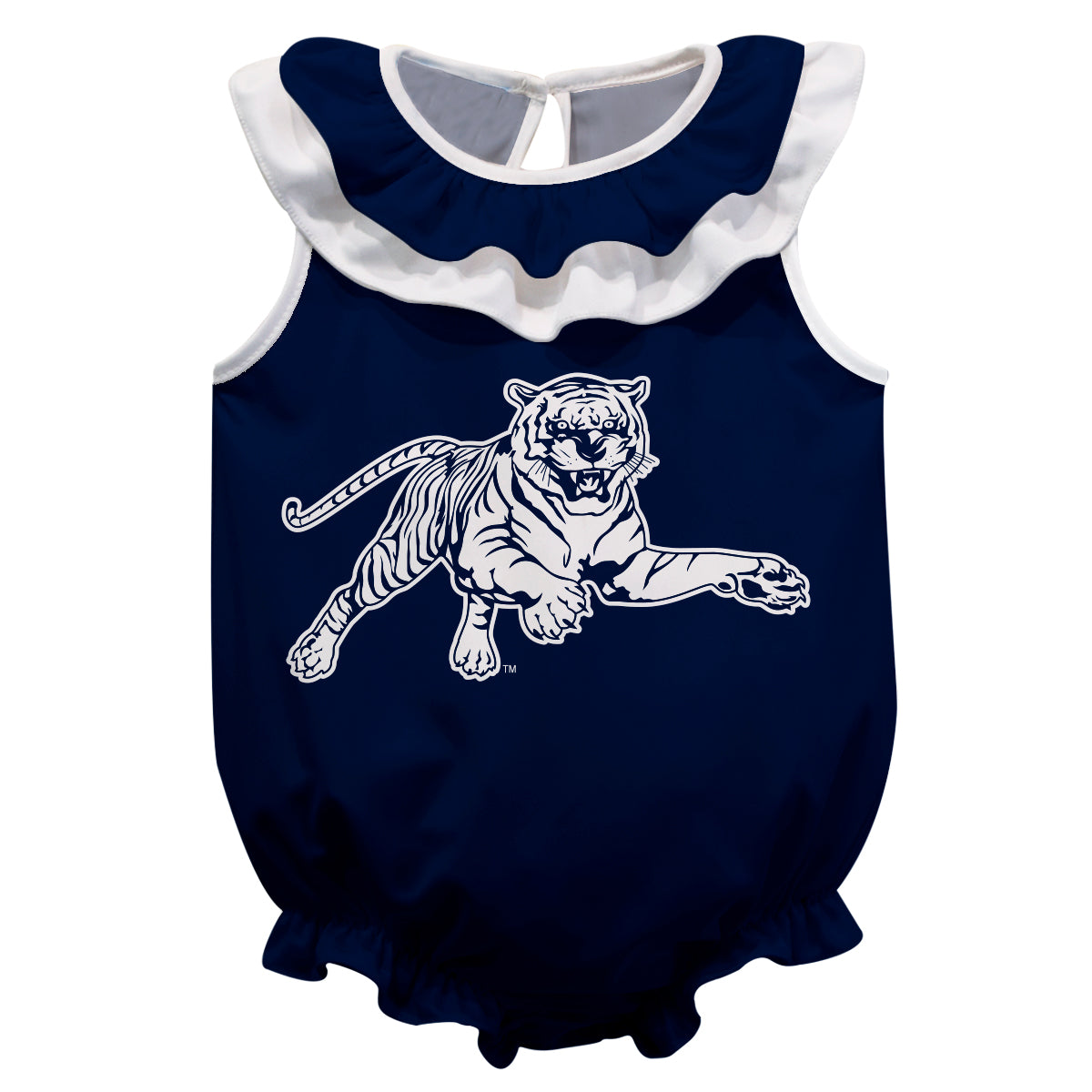 Jackson State University Tigers Blue Sleeveless Ruffle One Piece Jumpsuit Logo Bodysuit by Vive La Fete