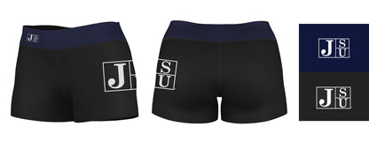 Jackson State Tigers JSU Vive La Fete Logo on Thigh & Waistband Black & Navy Women Booty Workout Shorts 3.75 Inseam" - Vive La F̻te - Online Apparel Store