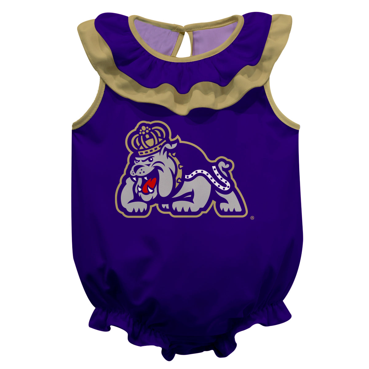 James Madison University Dukes Purple Sleeveless Ruffle One Piece Jumpsuit Logo Bodysuit by Vive La Fete