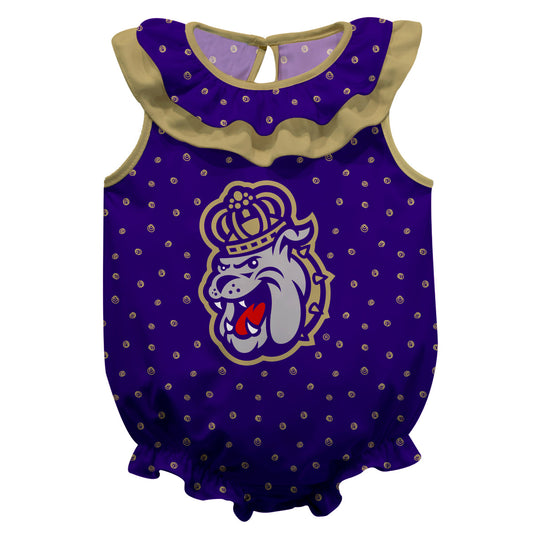 JMU Dukes Swirls Purple Sleeveless Ruffle One Piece Jumpsuit Logo Bodysuit by Vive La Fete