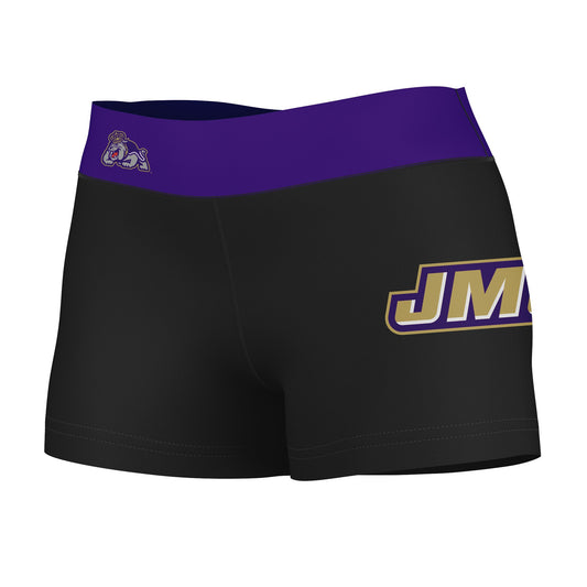 JMU Dukes Vive La Fete Game Day Logo on Thigh and Waistband Black & Purple Women Yoga Booty Workout Shorts 3.75 Inseam"