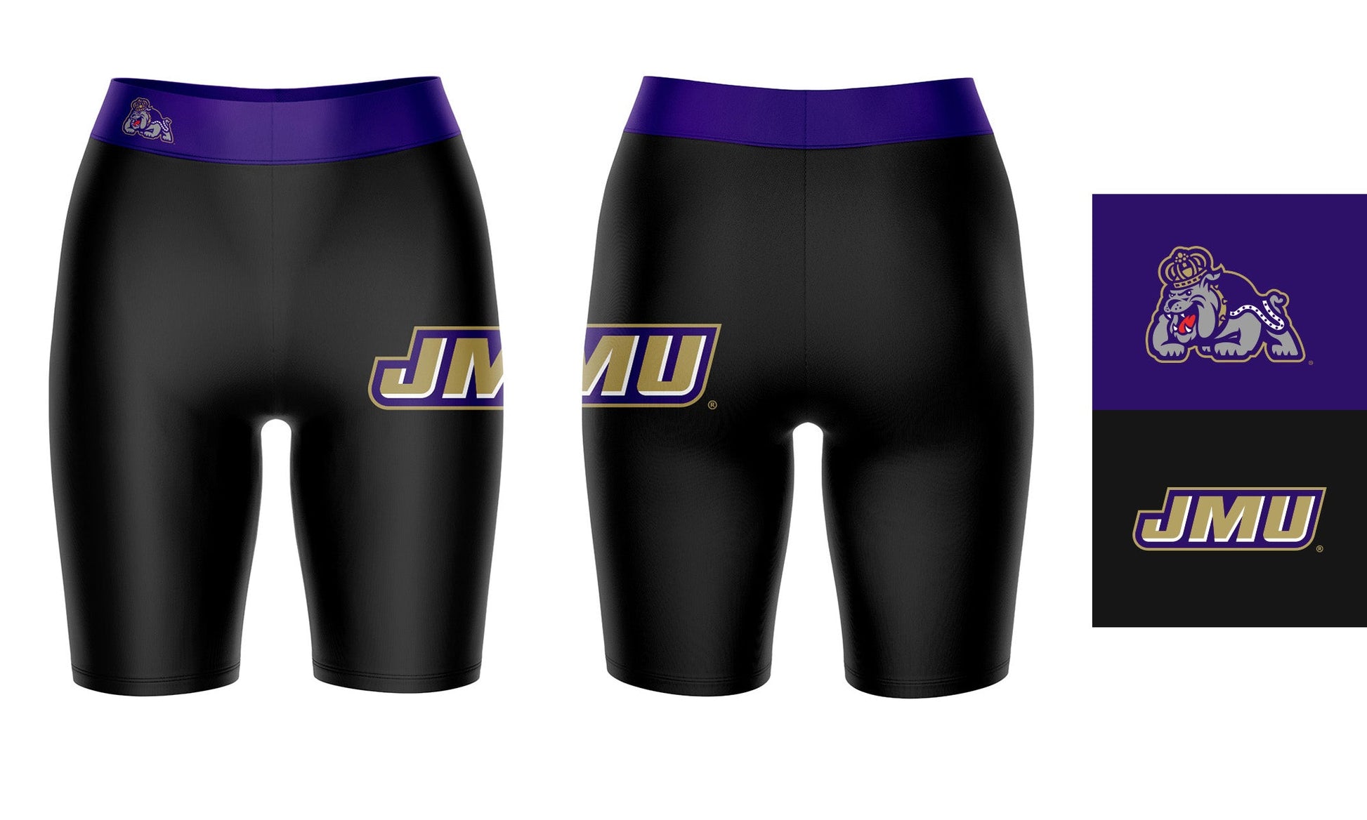 JMU Dukes Vive La Fete Game Day Logo on Thigh and Waistband Black and Purple Women Bike Short 9 Inseam"