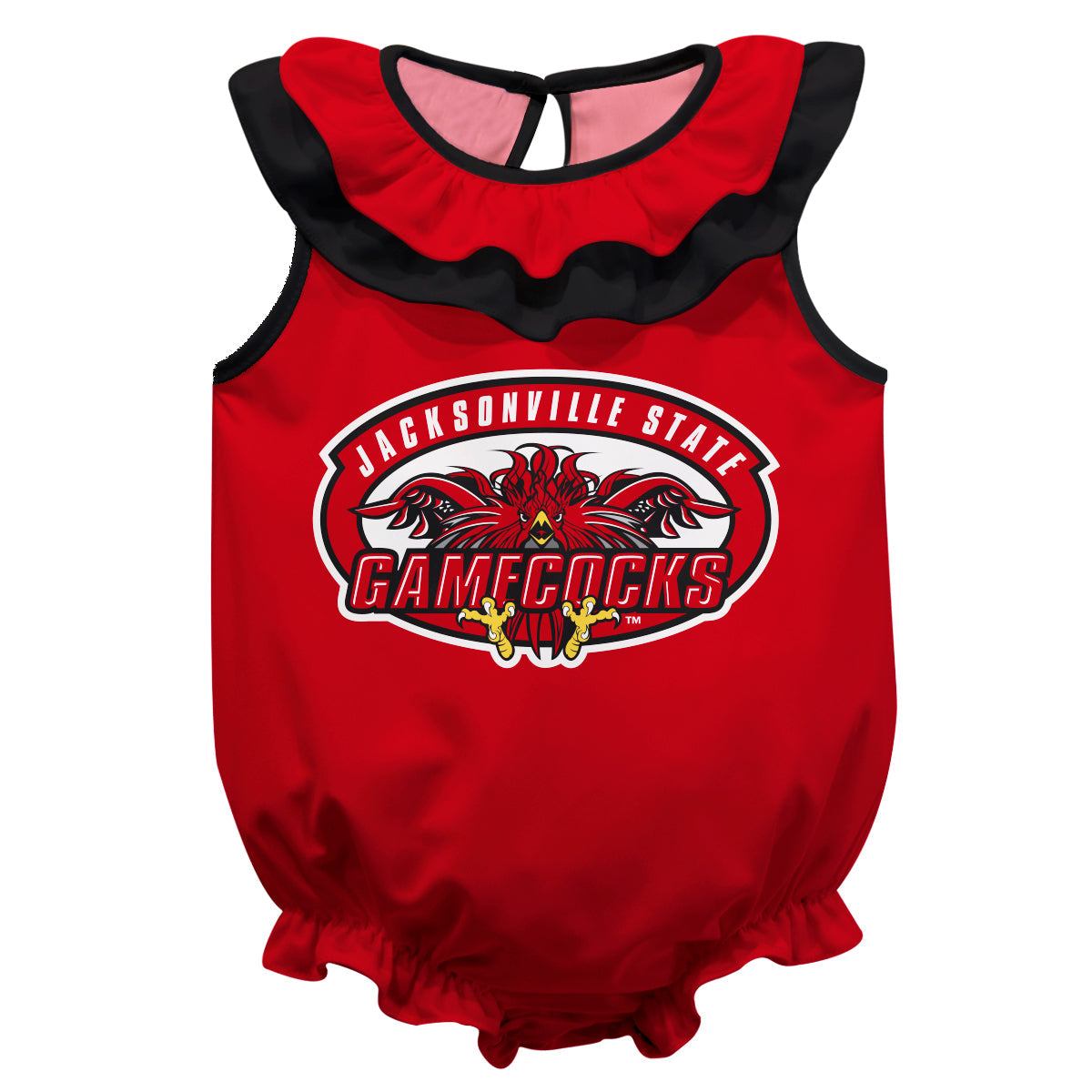 Jacksonville State Gamecocks Red Sleeveless Ruffle One Piece Jumpsuit Logo Bodysuit by Vive La Fete