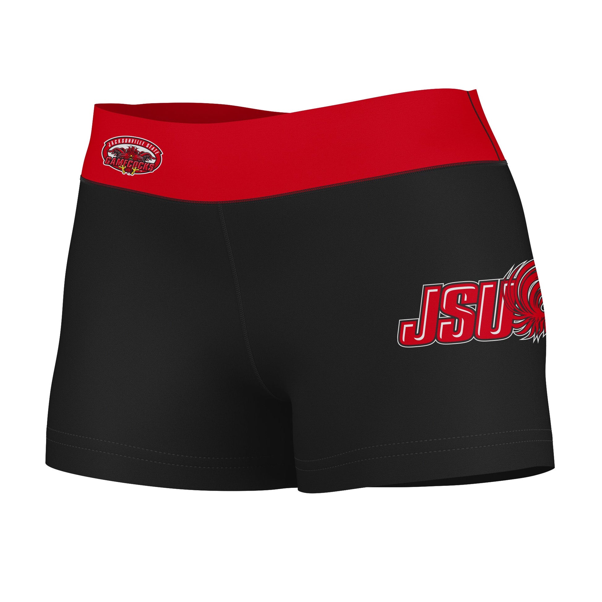 JSU Gamecocks Vive La Fete Game Day Logo on Thigh and Waistband Black & Red Women Yoga Booty Workout Shorts 3.75 Inseam"