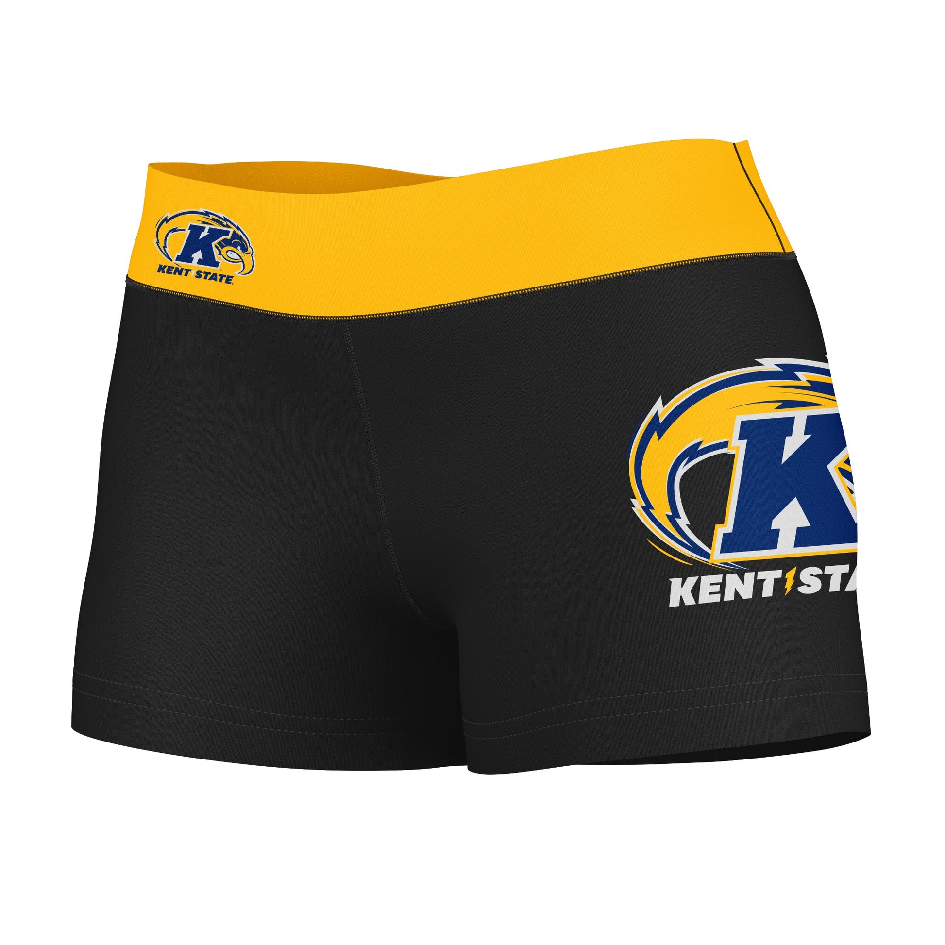 Kent State Golden Flashes Logo on Thigh and Waistband Black & Gold Women Yoga Booty Workout Shorts 3.75 Inseam"