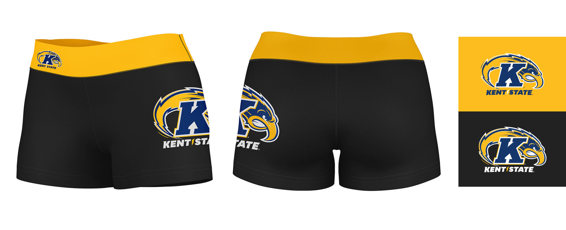 Kent State Golden Flashes Logo on Thigh and Waistband Black & Gold Women Yoga Booty Workout Shorts 3.75 Inseam" - Vive La F̻te - Online Apparel Store