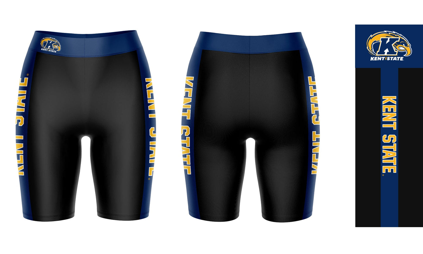 Kent State Golden Flashes Vive La Fete Game Day Logo on Waistband and Blue Stripes Black Women Bike Short 9 Inseam"