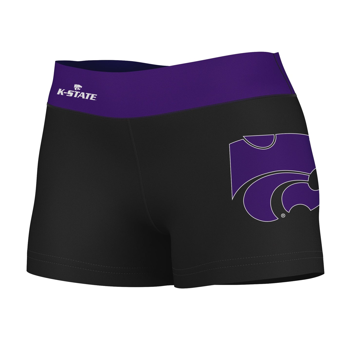 Kansas State Wildcats KSU K-State Logo on Thigh & Waistband Black & Purple Women Yoga Booty Workout Shorts 3.75 Inseam"