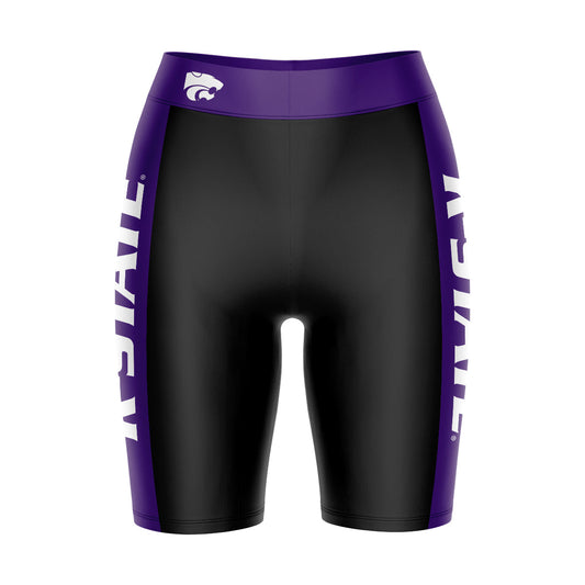Kansas State Wildcats KSU K-State Vive La Fete Logo on Waistband and Purple Stripes Black Women Bike Short 9 Inseam