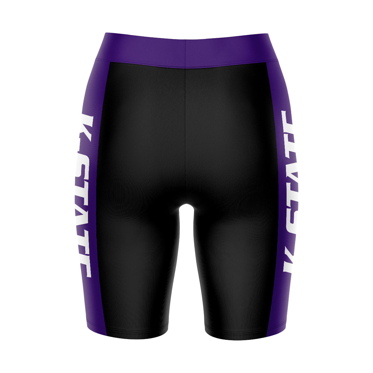 Kansas State Wildcats KSU K-State Vive La Fete Logo on Waistband and Purple Stripes Black Women Bike Short 9 Inseam