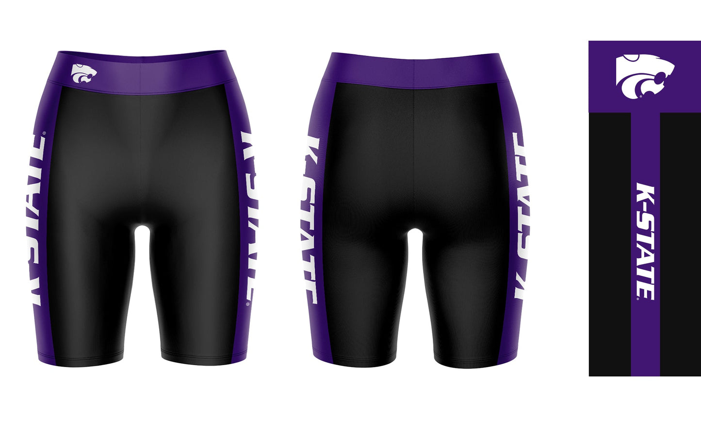 Kansas State Wildcats KSU K-State Vive La Fete Logo on Waistband and Purple Stripes Black Women Bike Short 9 Inseam