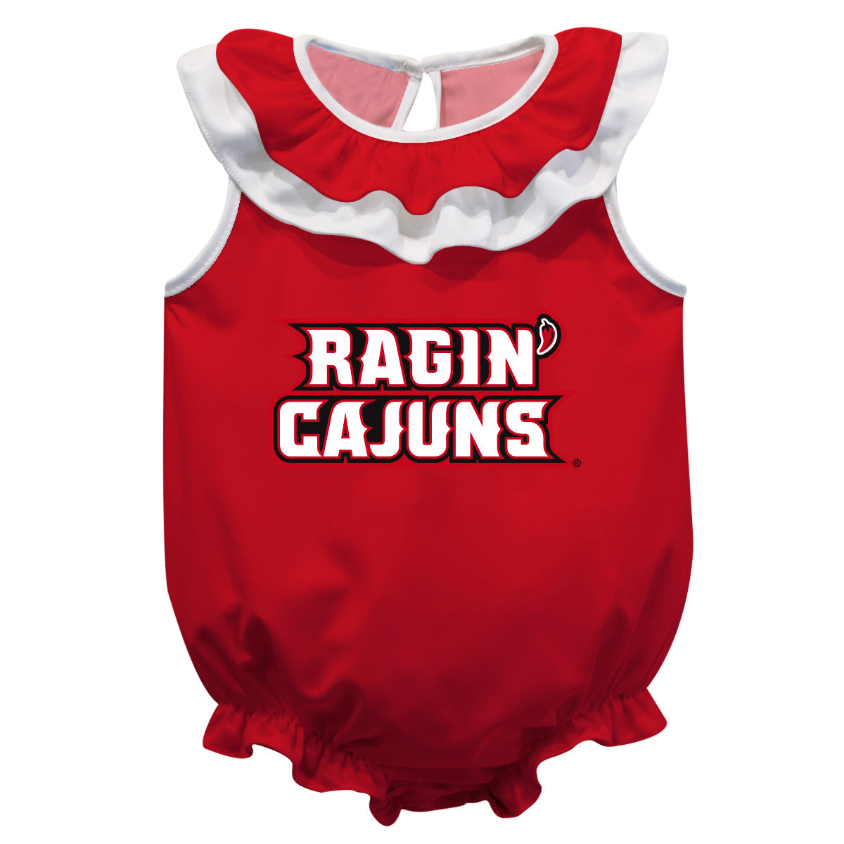 Louisiana Raginå« Cajuns Red Sleeveless Ruffle One Piece Jumpsuit Logo Bodysuit by Vive La Fete