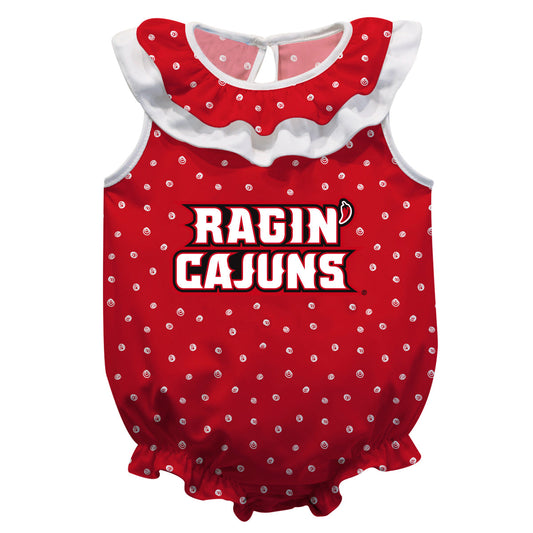 Louisiana Raginå« Cajuns Swirls Red Sleeveless Ruffle One Piece Jumpsuit Logo Bodysuit by Vive La Fete
