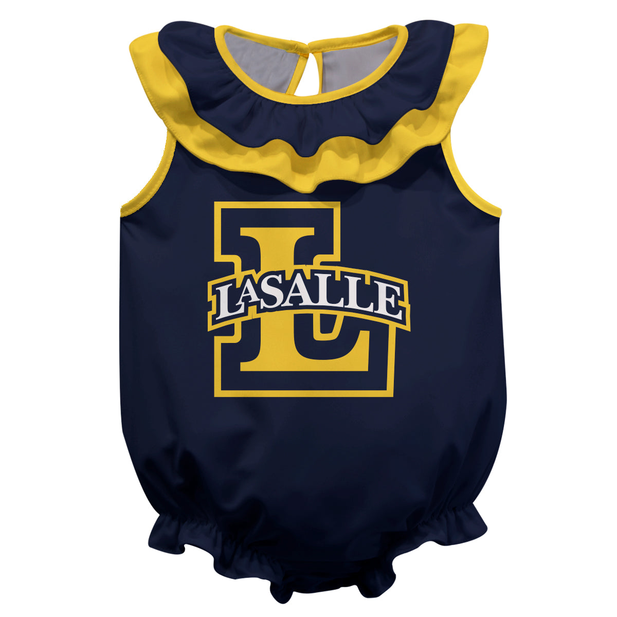 La Salle University Explorers Blue Sleeveless Ruffle One Piece Jumpsuit Logo Bodysuit by Vive La Fete