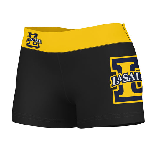 La Salle Explorers Vive La Fete Logo on Thigh and Waistband Black & Gold Women Yoga Booty Workout Shorts 3.75 Inseam"