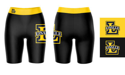La Salle Explorers Vive La Fete Game Day Logo on Thigh and Waistband Black and Gold Women Bike Short 9 Inseam"