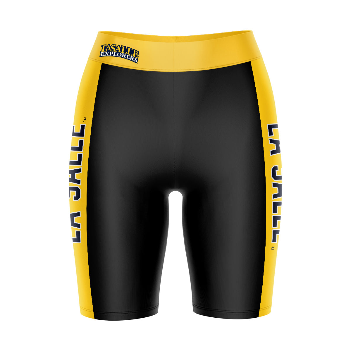 La Salle Explorers Vive La Fete Game Day Logo on Waistband and Gold Stripes Black Women Bike Short 9 Inseam"