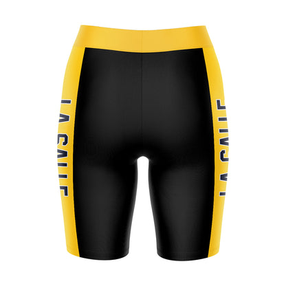 La Salle Explorers Vive La Fete Game Day Logo on Waistband and Gold Stripes Black Women Bike Short 9 Inseam"