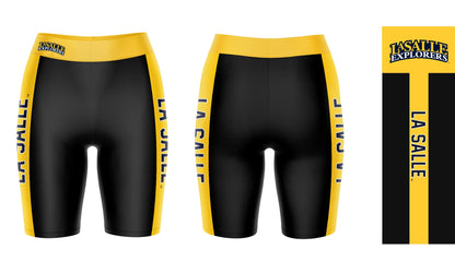 La Salle Explorers Vive La Fete Game Day Logo on Waistband and Gold Stripes Black Women Bike Short 9 Inseam"