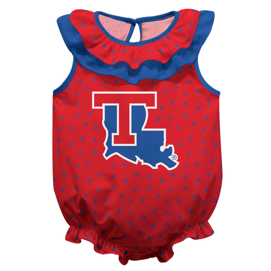 Louisiana Tech Bulldogs Swirls Red Sleeveless Ruffle One Piece Jumpsuit Logo Bodysuit by Vive La Fete