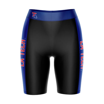 Louisiana Tech Bulldogs Vive La Fete Game Day Logo on Waistband and Blue Stripes Black Women Bike Short 9 Inseam