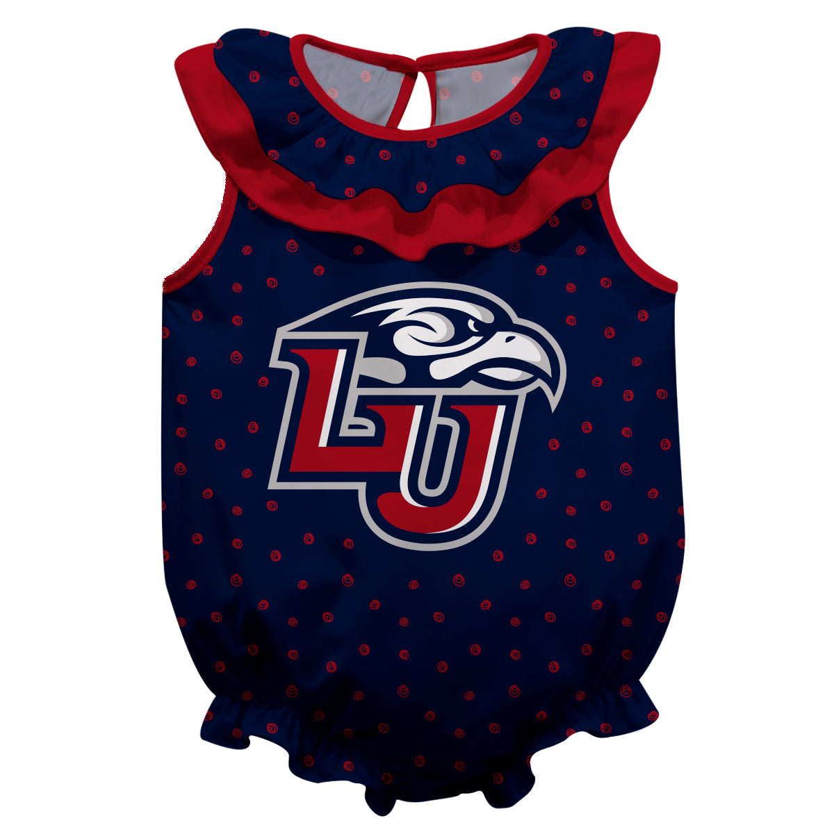 Liberty Flames Swirls Blue Sleeveless Ruffle One Piece Jumpsuit Logo Bodysuit by Vive La Fete