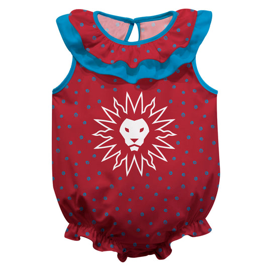 Loyola Marymount Lions Swirls Red Sleeveless Ruffle One Piece Jumpsuit Logo Bodysuit by Vive La Fete