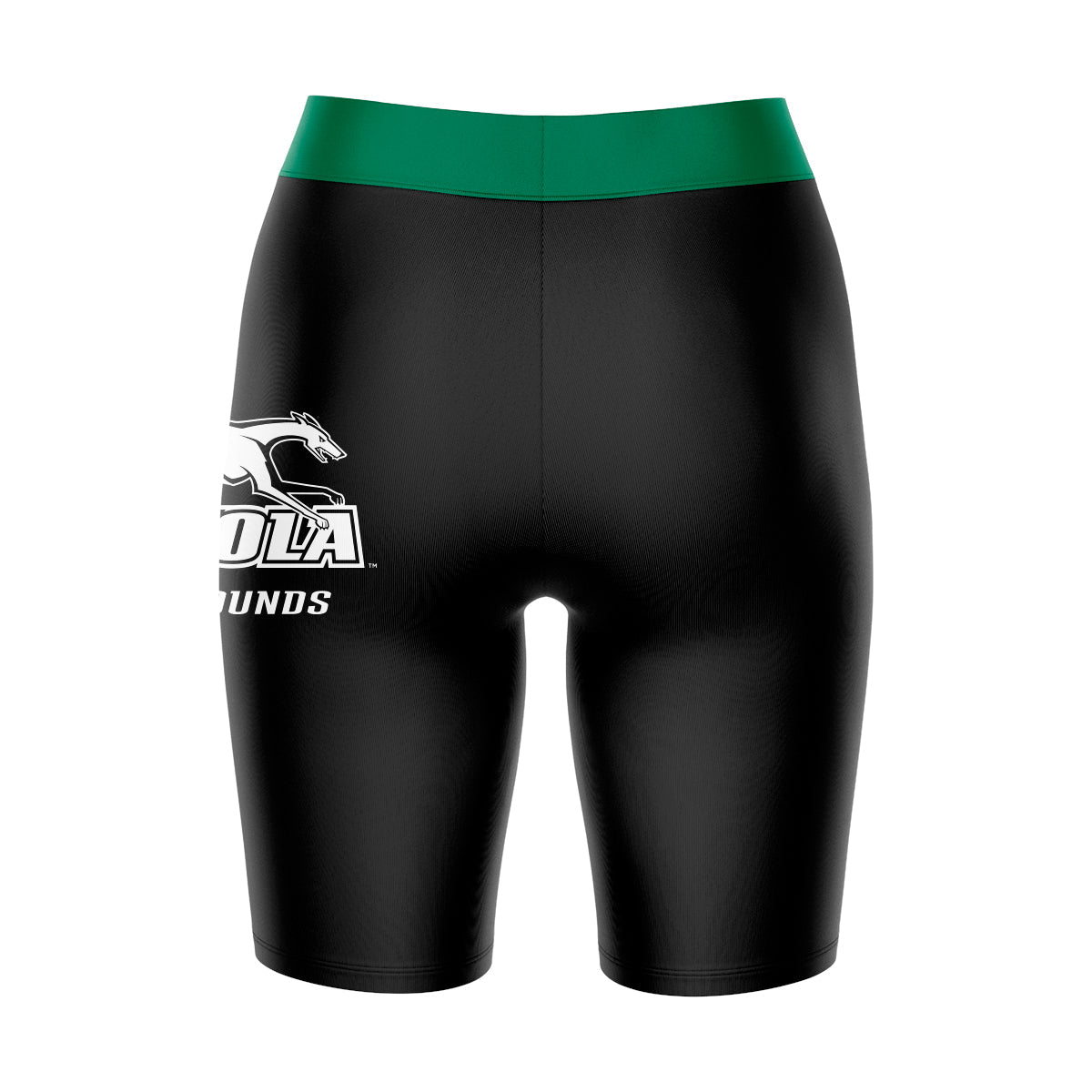 Loyola Maryland Greyhounds Vive La Fete Game Day Logo on Thigh and Waistband Black and Green Women Bike Short 9 Inseam