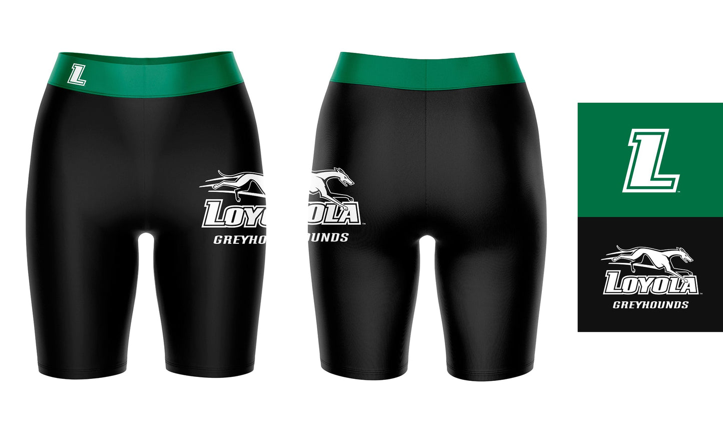 Loyola Maryland Greyhounds Vive La Fete Game Day Logo on Thigh and Waistband Black and Green Women Bike Short 9 Inseam