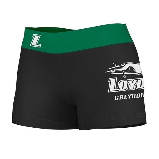 Loyola Maryland Greyhounds Logo on Thigh & Waistband Black & Green Women Yoga Booty Workout Shorts 3.75 Inseam