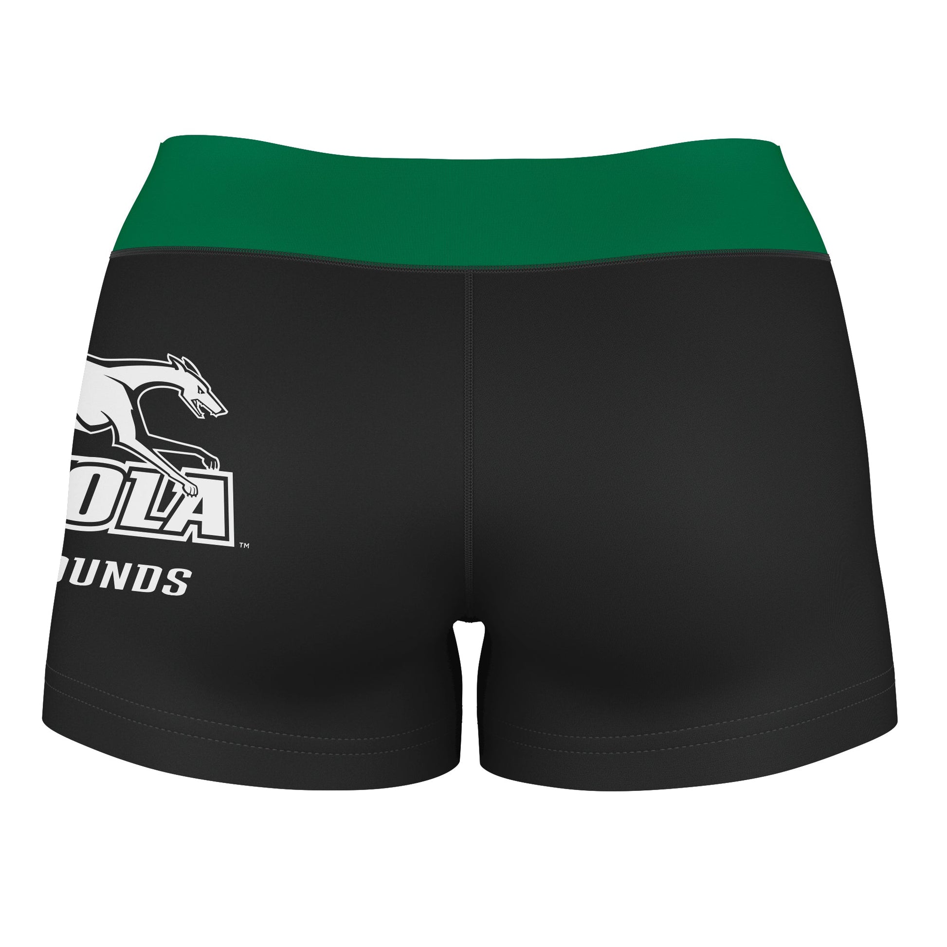 Loyola Maryland Greyhounds Logo on Thigh & Waistband Black & Green Women Yoga Booty Workout Shorts 3.75 Inseam - Vive La F̻te - Online Apparel Store