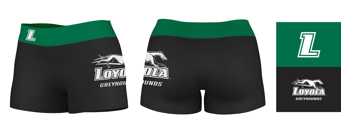 Loyola Maryland Greyhounds Logo on Thigh & Waistband Black & Green Women Yoga Booty Workout Shorts 3.75 Inseam - Vive La F̻te - Online Apparel Store