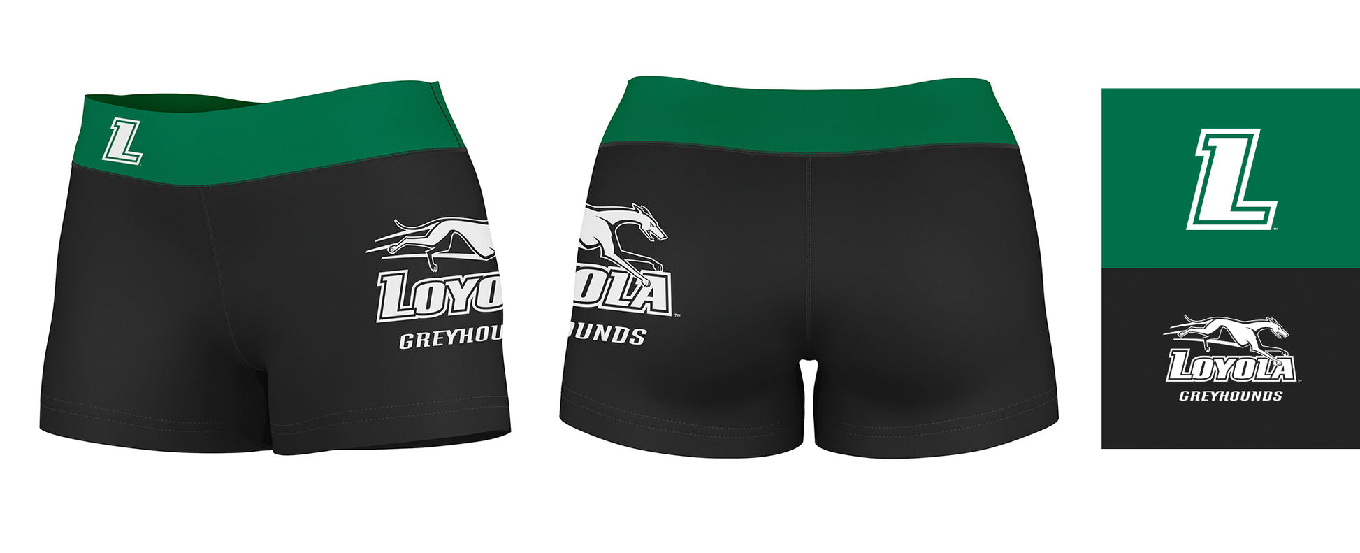 Loyola Maryland Greyhounds Logo on Thigh & Waistband Black & Green Women Yoga Booty Workout Shorts 3.75 Inseam - Vive La F̻te - Online Apparel Store