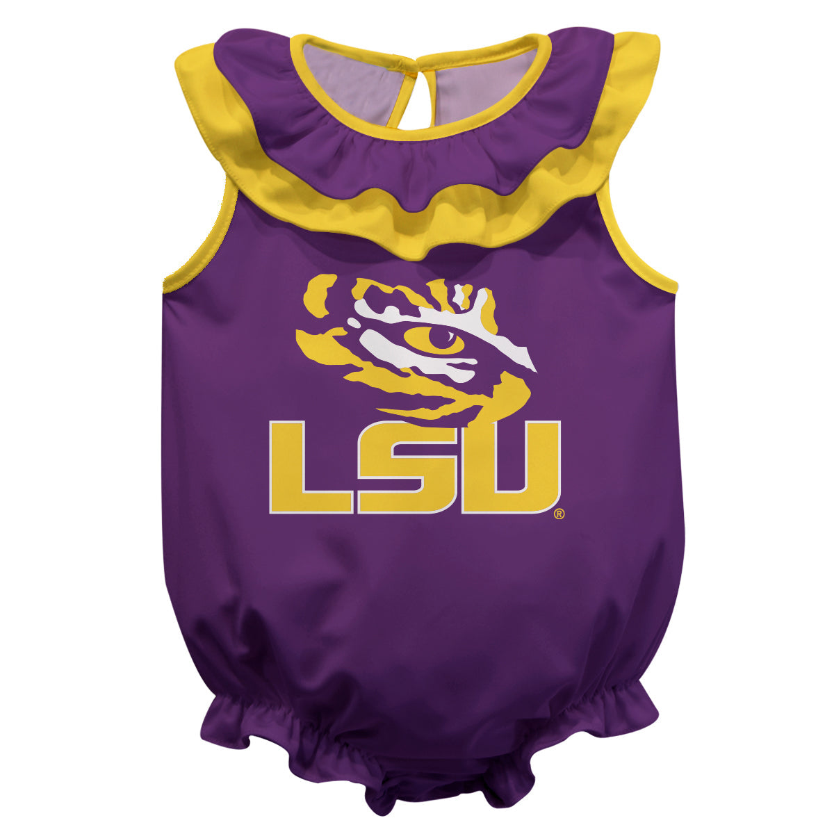 LSU Tigers Purple Sleeveless Ruffle One Piece Jumpsuit Logo Bodysuit by Vive La Fete