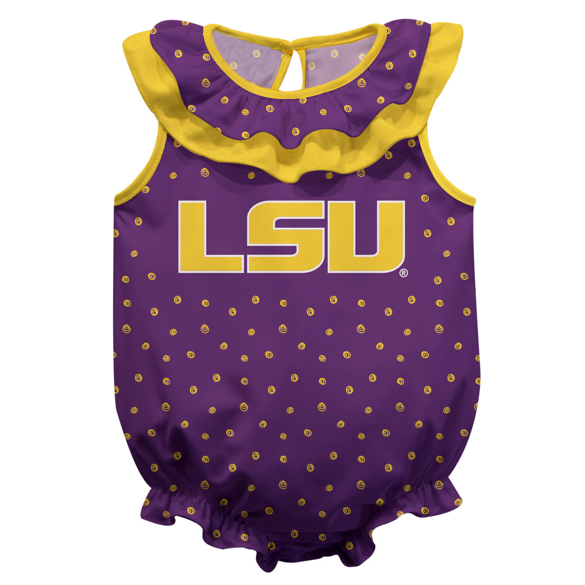 LSU Tigers Swirls Purple Sleeveless Ruffle One Piece Jumpsuit Logo Bodysuit by Vive La Fete