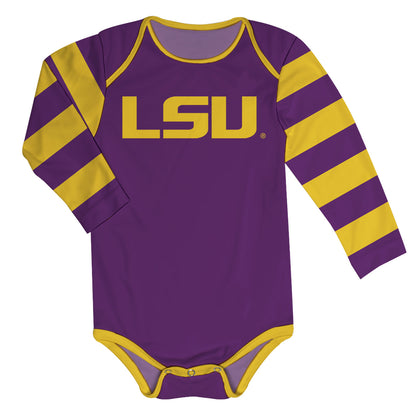 LSU Tigers Purple And Gold Stripes Long Sleeve One Piece Jumpsuit by Vive La Fete