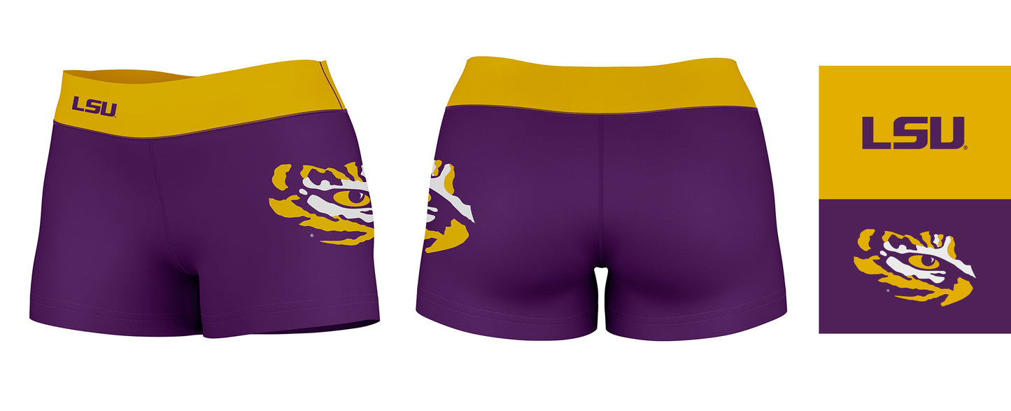 LSU Tigers Vive La Fete Game Day Logo on Thigh and Waistband Purple & Gold Women Yoga Booty Workout Shorts 3.75 Inseam - Vive La F̻te - Online Apparel Store