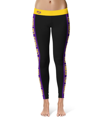 Louisiana State Tigers Vive La Fete Game Day Collegiate Purple Stripes Women Black Yoga Leggings 2 Waist Tights