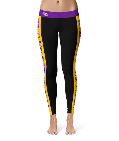 Louisiana State Tigers Vive La Fete Game Day Collegiate Gold Stripes Women Black Yoga Leggings 2 Waist Tights