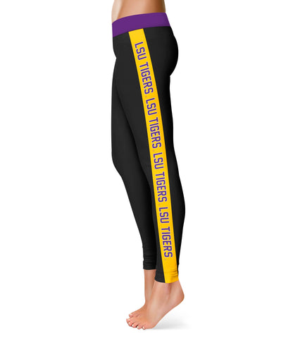 Louisiana State Tigers Vive La Fete Game Day Collegiate Gold Stripes Women Black Yoga Leggings 2 Waist Tights