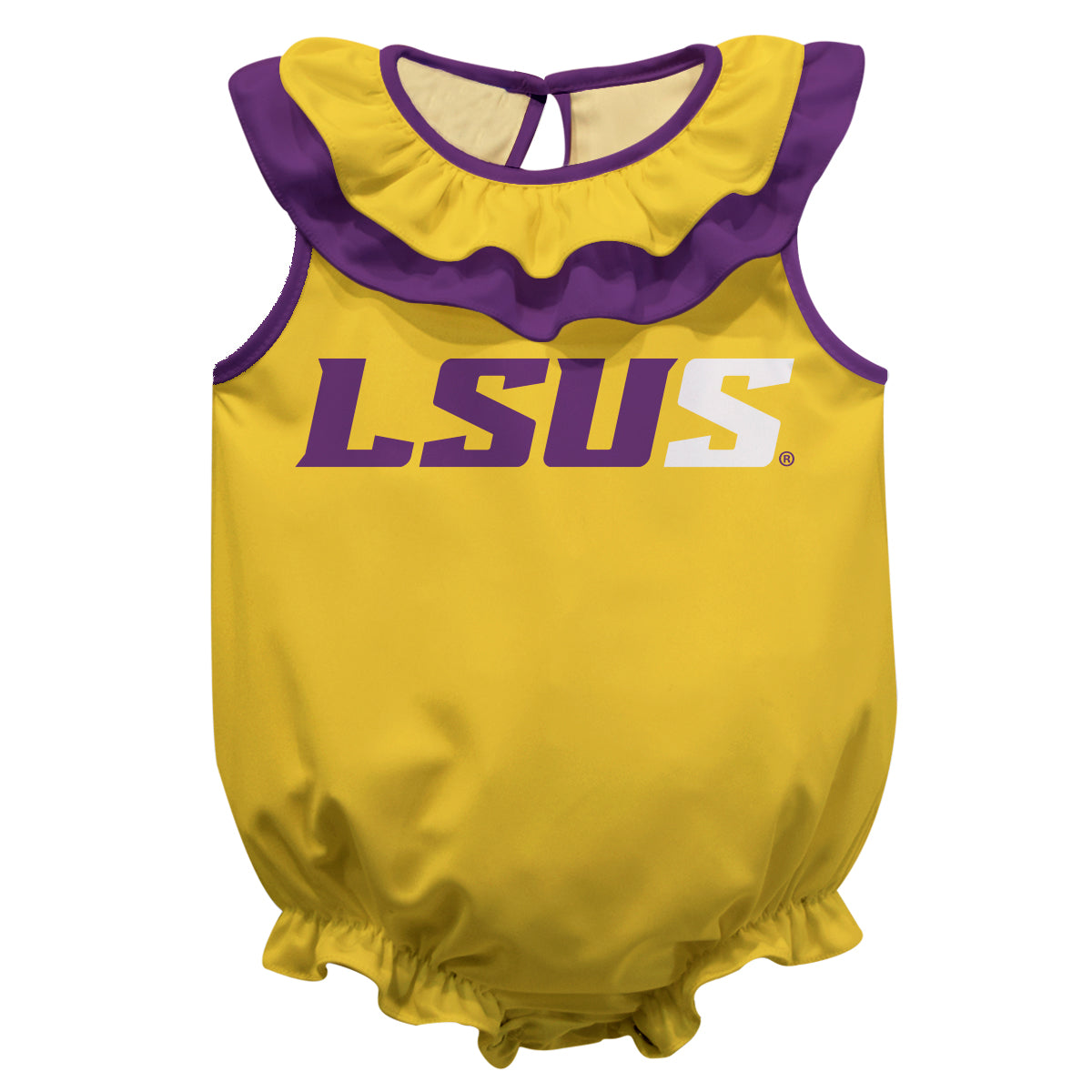 LSU Shreveport LSUS Pilots Gold Sleeveless Ruffle One Piece Jumpsuit Logo Bodysuit by Vive La Fete